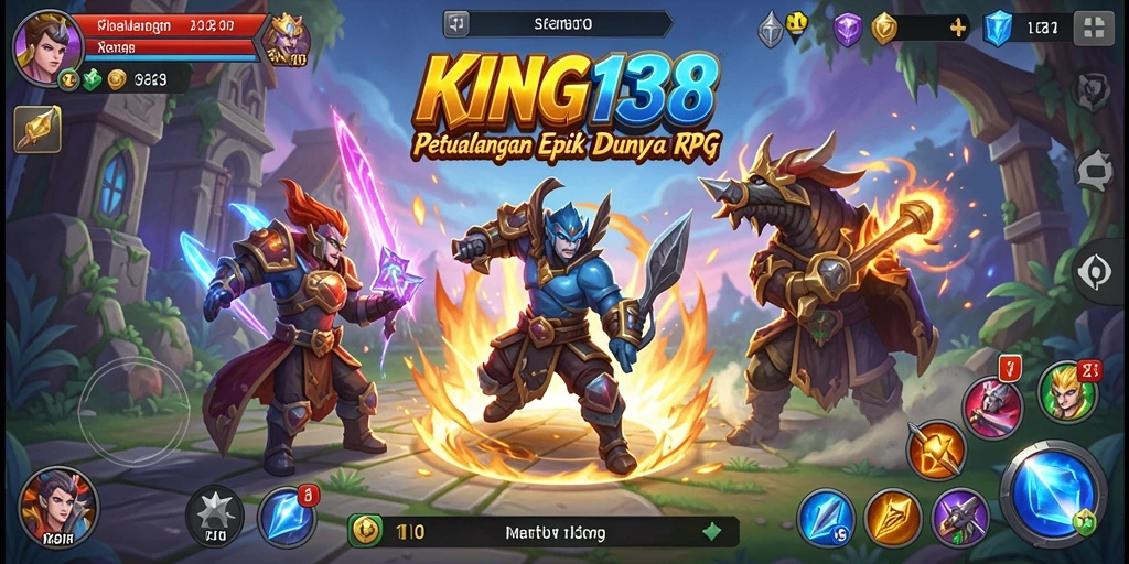 Tampilan gameplay KING138 yang menampilkan pertarungan dan eksplorasi RPG.