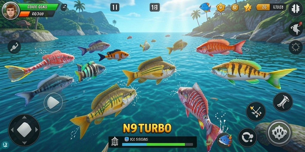 Tampilan gameplay seru N9TURBO saat menangkap ikan di bawah laut.